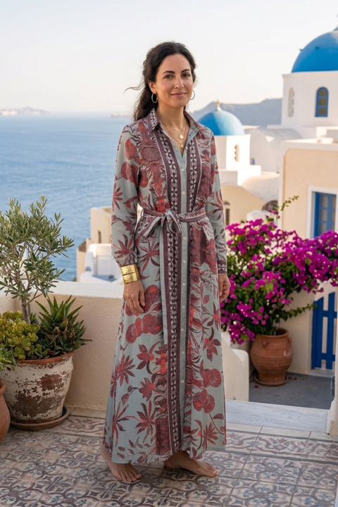 Maxi Shirt Dress in Cotton Silk with Digital Print-Nature Blue