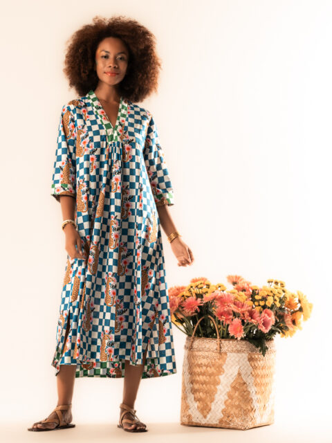 MARSHA DRESS LONG COTTON CHECK LEOPARD BLUE