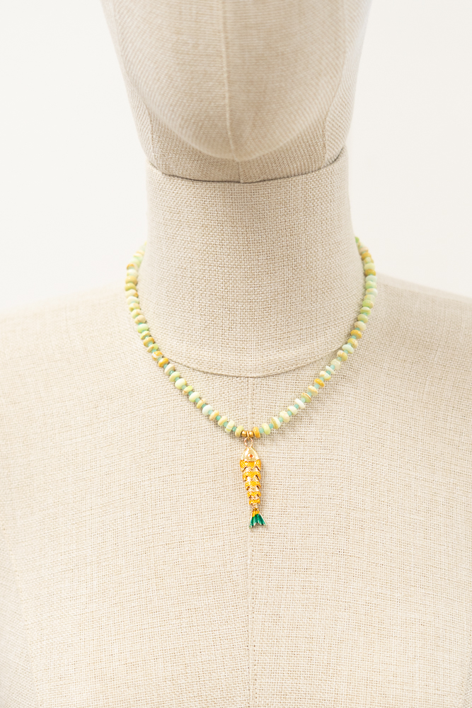 Amazonite & Blue Green Opal Necklace with Gold-Plated Fish Pendant