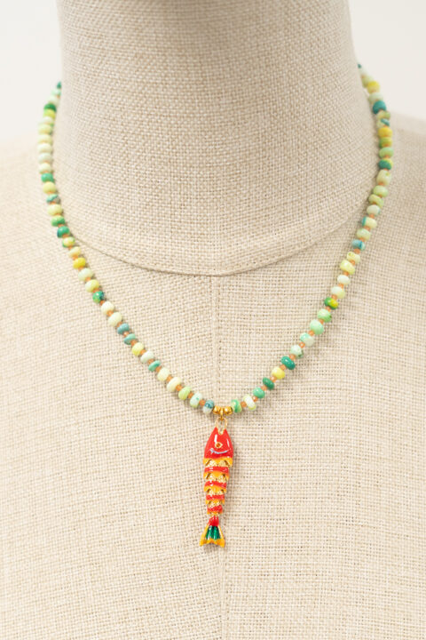 Peach Moonstone & Green Opal Necklace with Gold-Plated Fish Pendant