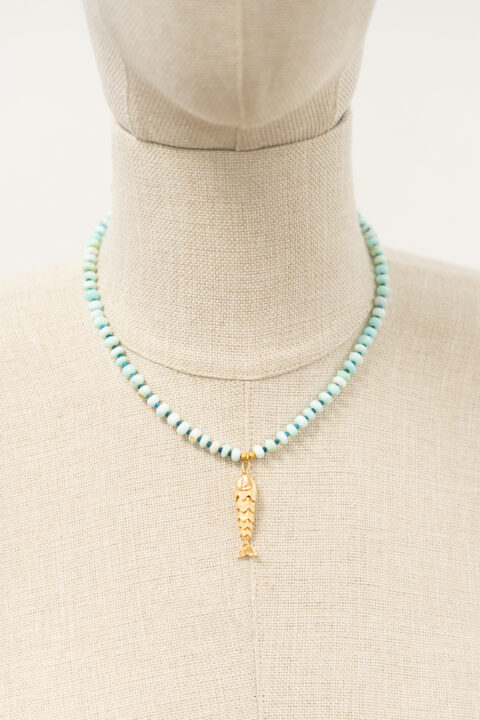 Neon Apatite & Blue Opal Necklace with Gold-Plated Fish Pendant | Handmade Boho Necklace