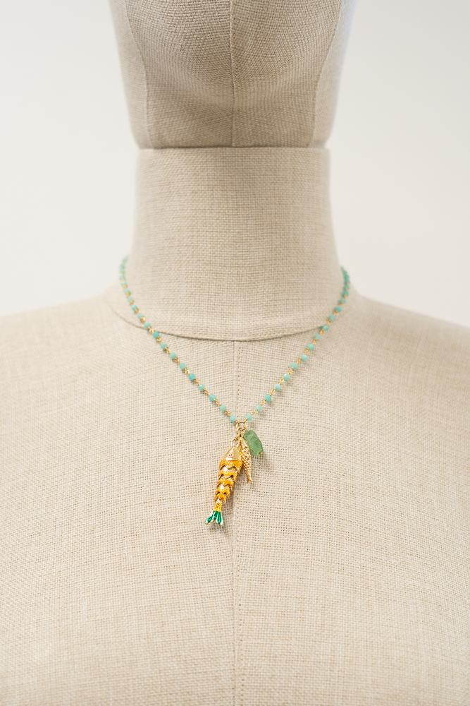 Gold-Plated Double Fish Necklace with Amazonite & Fluorite | Handmade Gemstone Necklace