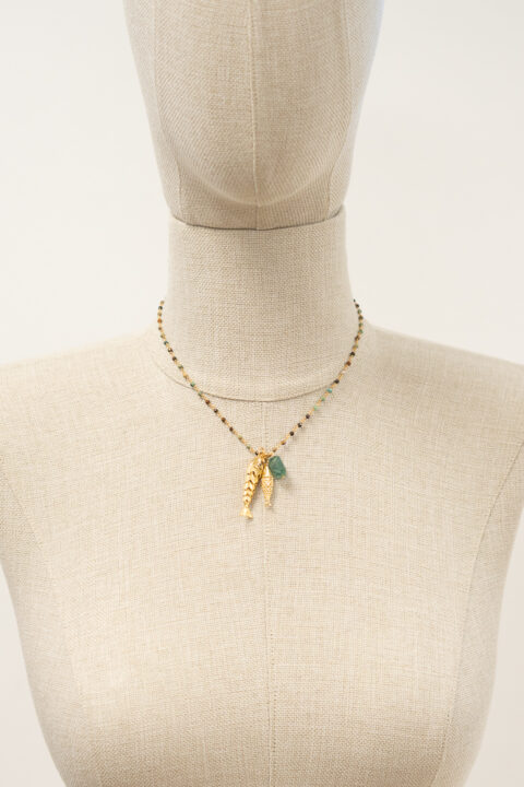 Gold-Plated Double Fish Necklace with Turquoise & Fluorite | Handmade Gemstone Necklace