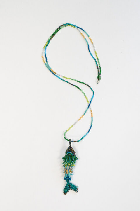 Handmade Colombian fish necklace with intricate multicolored beadwork