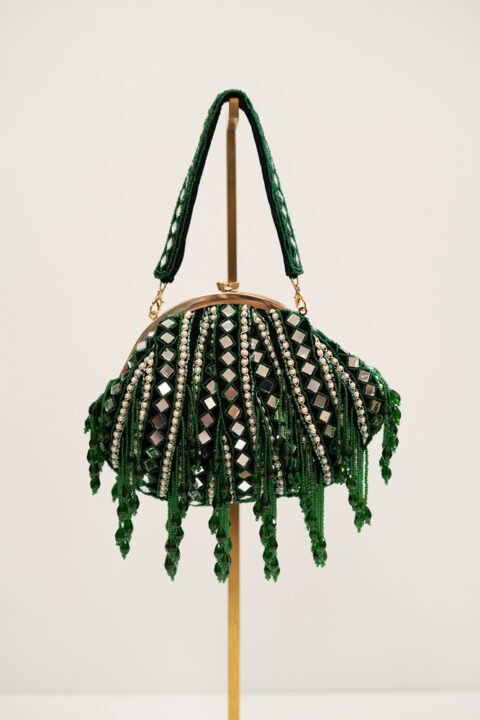 Handmade Green Crystal Pouch Bag with Mirrors | Luxury Evening Handbag