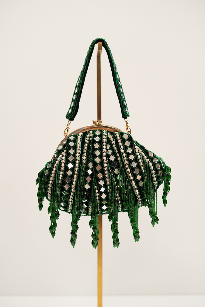 Handmade Green Crystal Pouch Bag with Mirrors | Luxury Evening Handbag