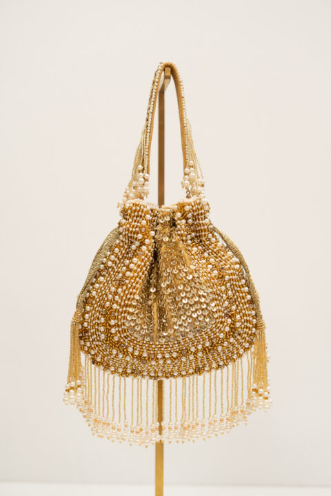 Handmade Gold Beaded Pouch Bag with Pearls | Luxury Evening Handbag