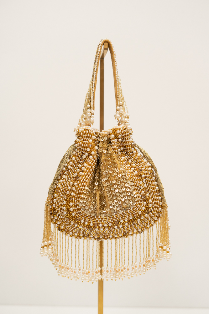 Handmade Gold Beaded Pouch Bag with Pearls | Luxury Evening Handbag