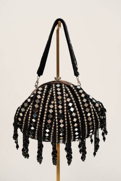 Handmade Black Crystal Pouch Bag with Mirrors | Luxury Evening Handbag