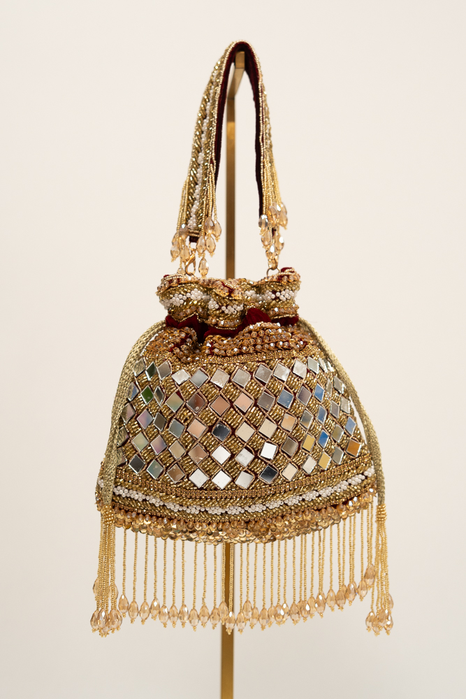 Handmade Beaded Pouch Bag with Mirrors & Velvet | Luxury Evening Bag