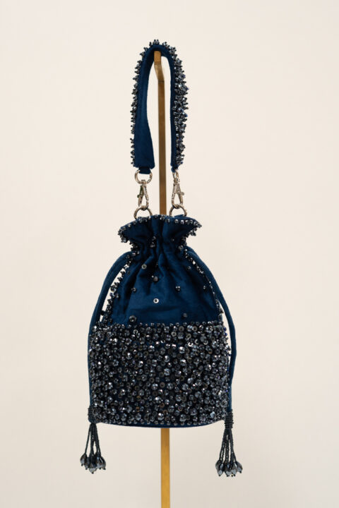 Midnight Blue Velvet Crystal Pouch Bag | Handmade Evening Bag