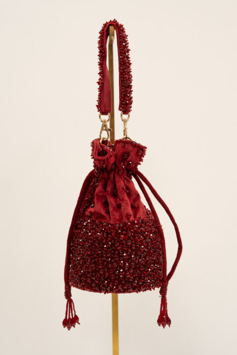 Burgundy Velvet Crystal Pouch Bag | Handmade Evening Bag