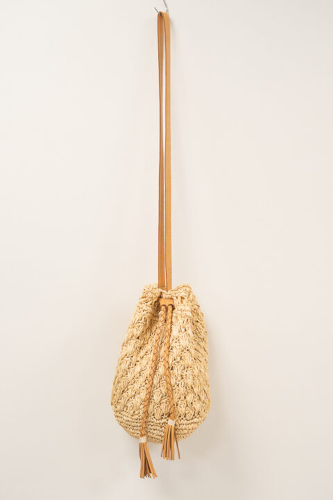 Handmade Raffia Drawstring Bag with Leather Details | Bali Raffia Bag