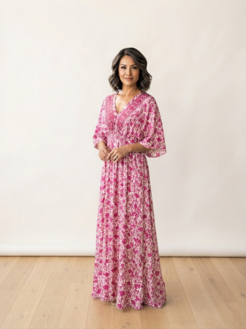 Ayu Open Back Dress in Silk Blend | Maxi Resort Dress Fucshia