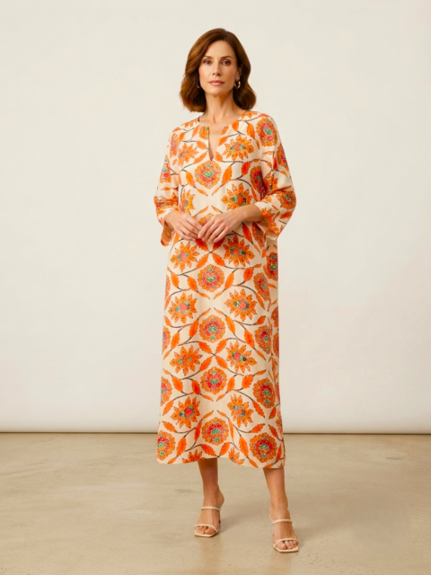 Titli Caftan Cotton Silk | Mystique Orange Print | One Size