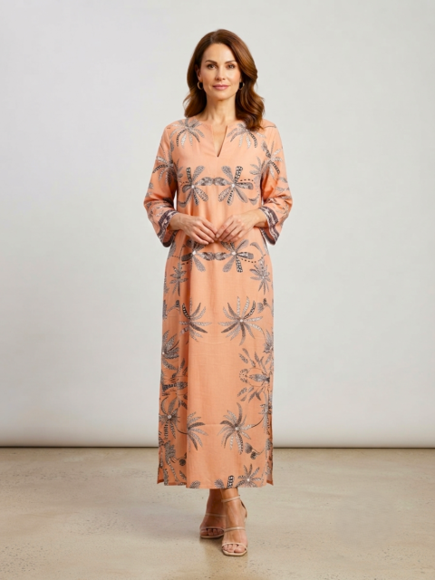 Titli Caftan Cotton Silk | Nature Cinnamon Print | One Size
