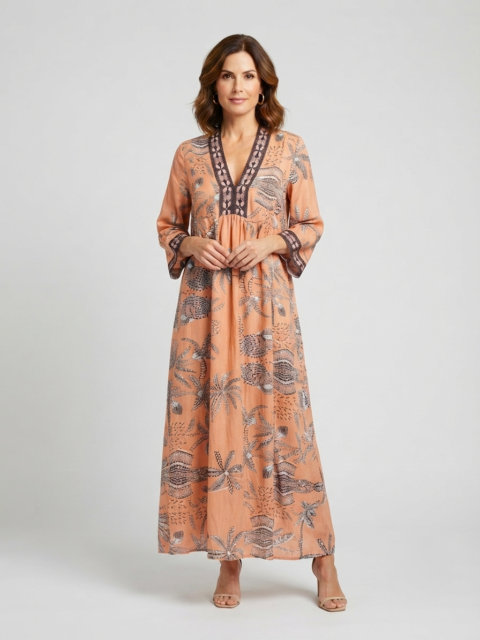 Marsha Long Dress – Nature Cinnamon Print | Cotton Silk