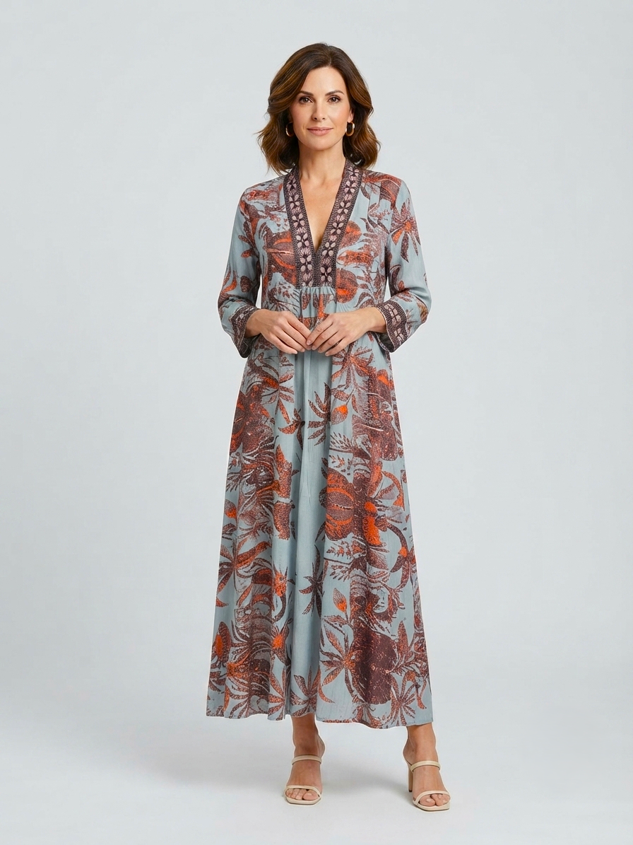 Marsha Long Dress – Nature Blue Print | Cotton Silk