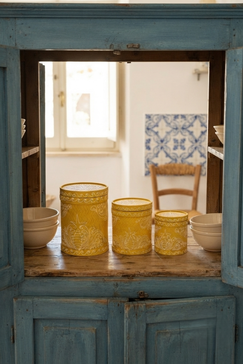 Handmade Bamboo Storage Boxes Set of 3 | Hand-Painted Bali Beach House Decor yellow