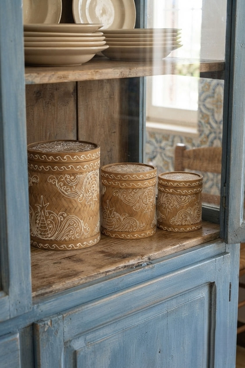 Handmade Bamboo Storage Boxes Set of 3 | Hand-Painted Bali Beach House Decor natural