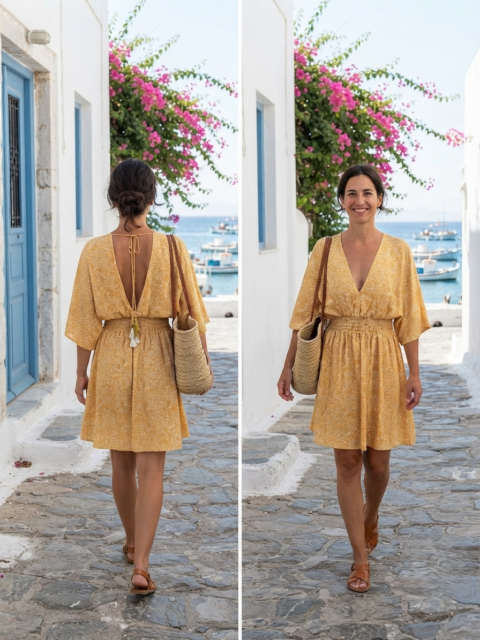 Ayu short saree silk dress in Yellow Margaret print with open back, V-neckline, and flowing sleeves.