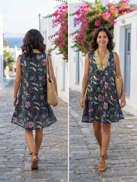 Marsha short cotton block print dress with floral pattern in charcoal and mustard, one size.