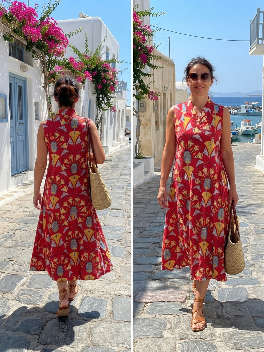 Athena wrap dress cotton red peacock