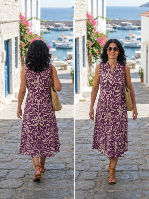 Athena cotton midi dress in Purple Ikat print, sleeveless, one size, with a relaxed flowing silhouette.