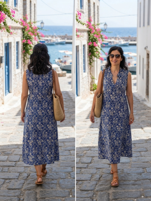 Athena cotton wrap dress in blue hand block print with a sleeveless design and midi length.