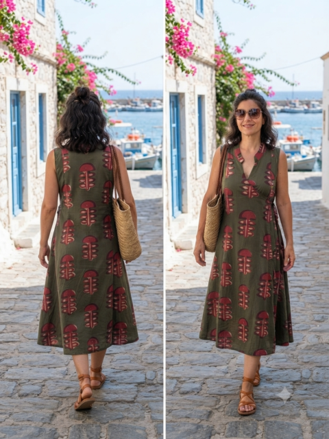 Athena cotton wrap dress in olive with burgundy hand block print, sleeveless, midi length, One Size.