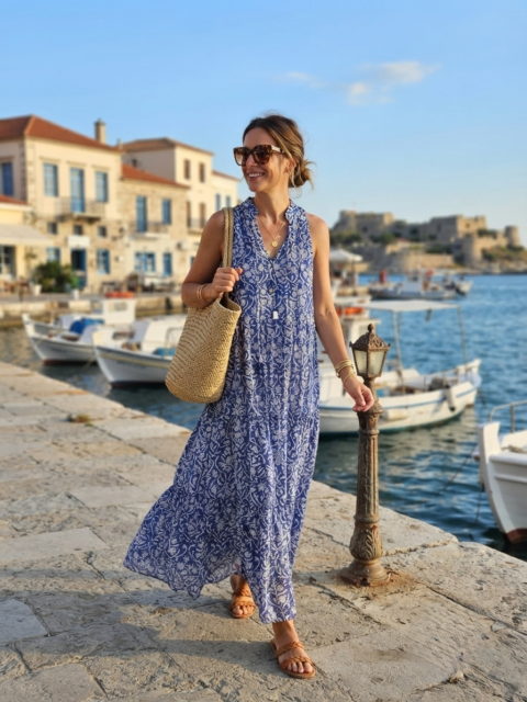 Samos Dress – Fiori Blue (Cotton, One Size)