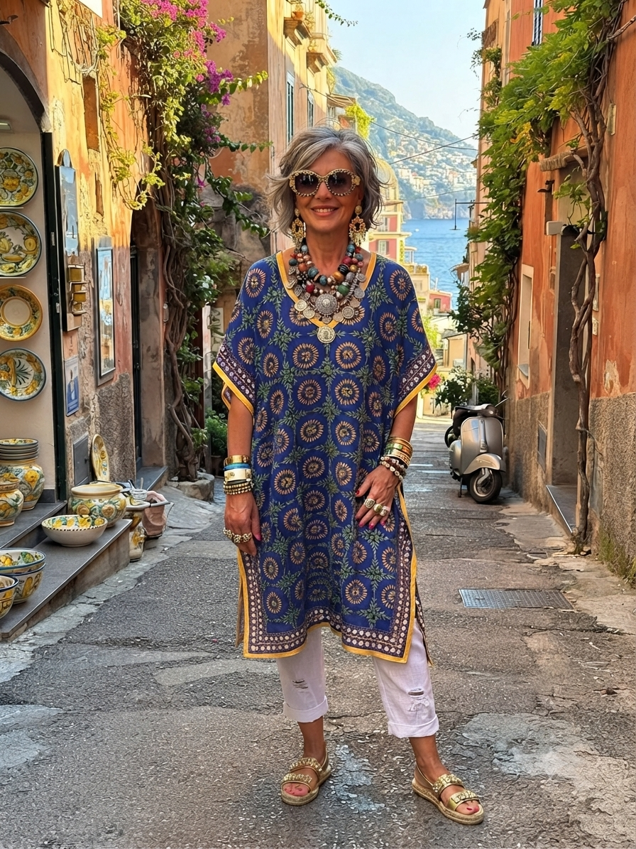 Woman wearing a one-of-a-kind handmade Phulkari georgette caftan with mirror embellishments.