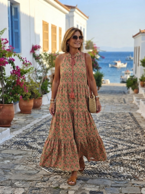 Samos Dress – Pink floral (Cotton, One Size)