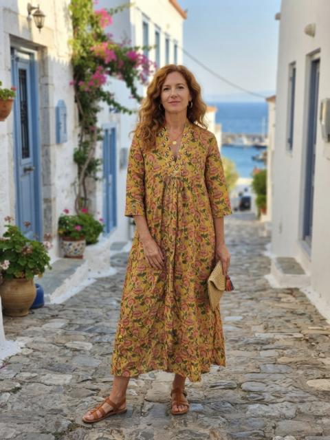 Woman wearing the Marsha cotton dress in Yellow Floral handmade block print.