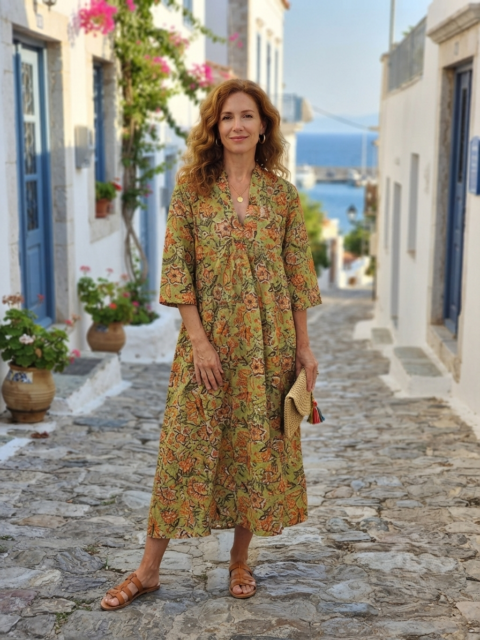 Marsha Cotton Dress | Green Floral Handmade Block Print
