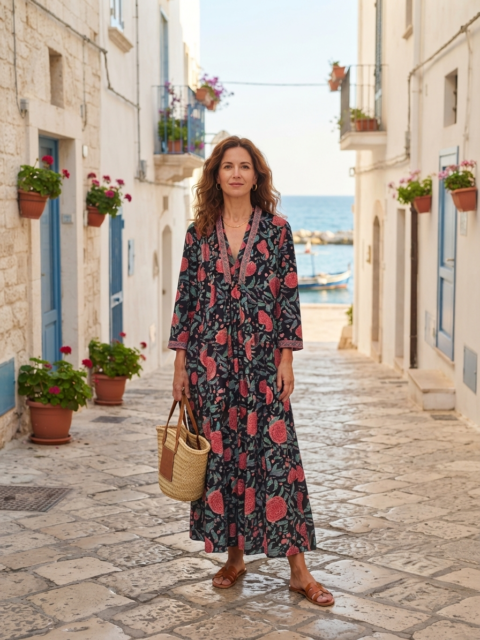 Woman wearing the Marsha cotton maxi dress in Midnight Floral handmade block print.
