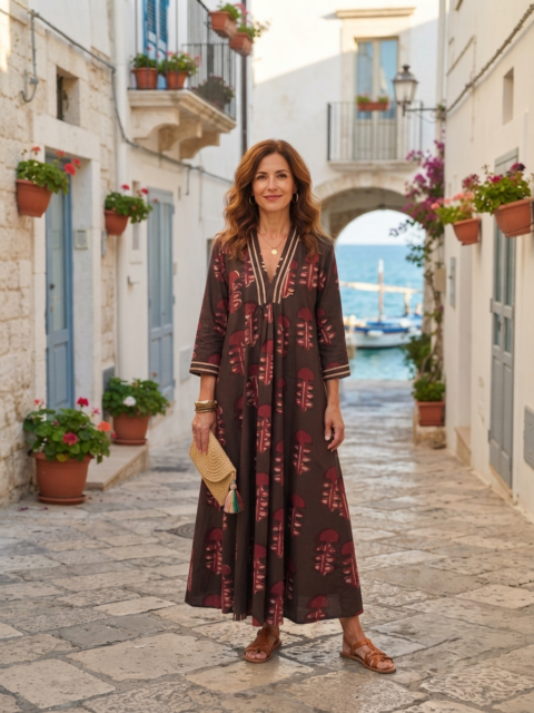 Φόρεμα Marsha Βαμβακερό | Καφέ Φύλλο Χειροποίητο Block Print