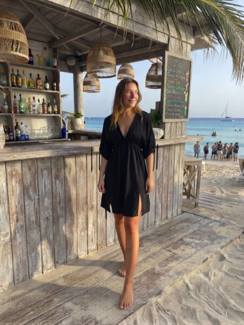 Cotton short Dress – Black Resort Dress with Slits