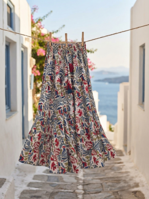 Cotton Maxi Skirt – White floral Block Print