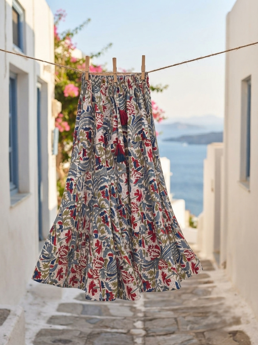 Cotton Maxi Skirt – White floral Block Print
