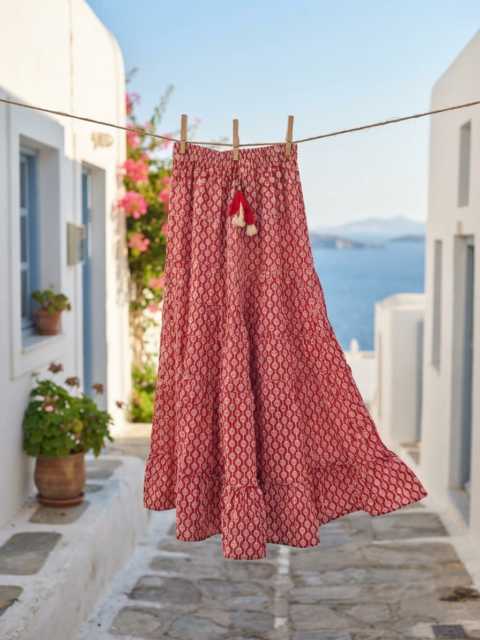 Cotton Maxi Skirt – Red star Block Print