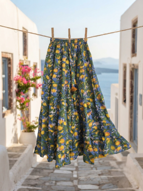 Cotton Maxi Skirt – lemon Block Print