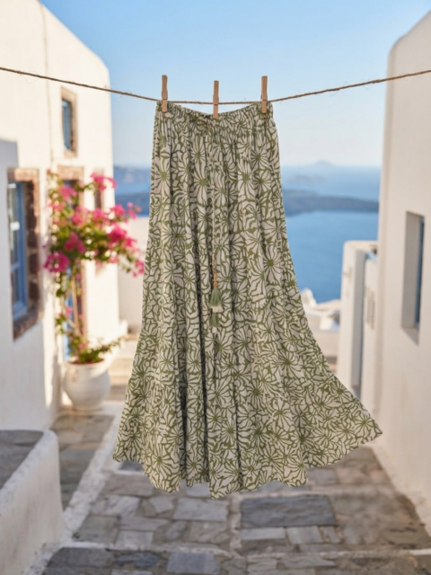 Cotton Maxi Skirt – Daisy green Block Print