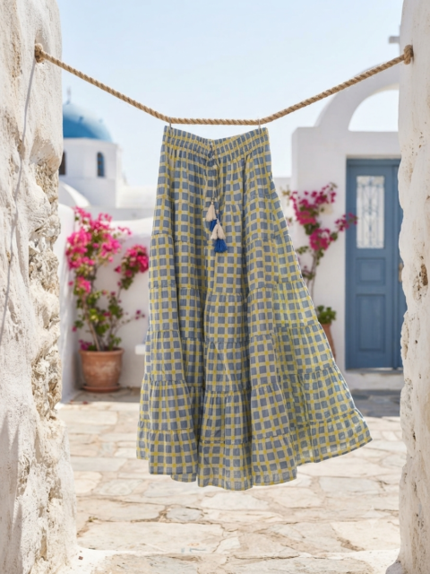 Μακριά βαμβακερή φούστα γαλάζια καρό