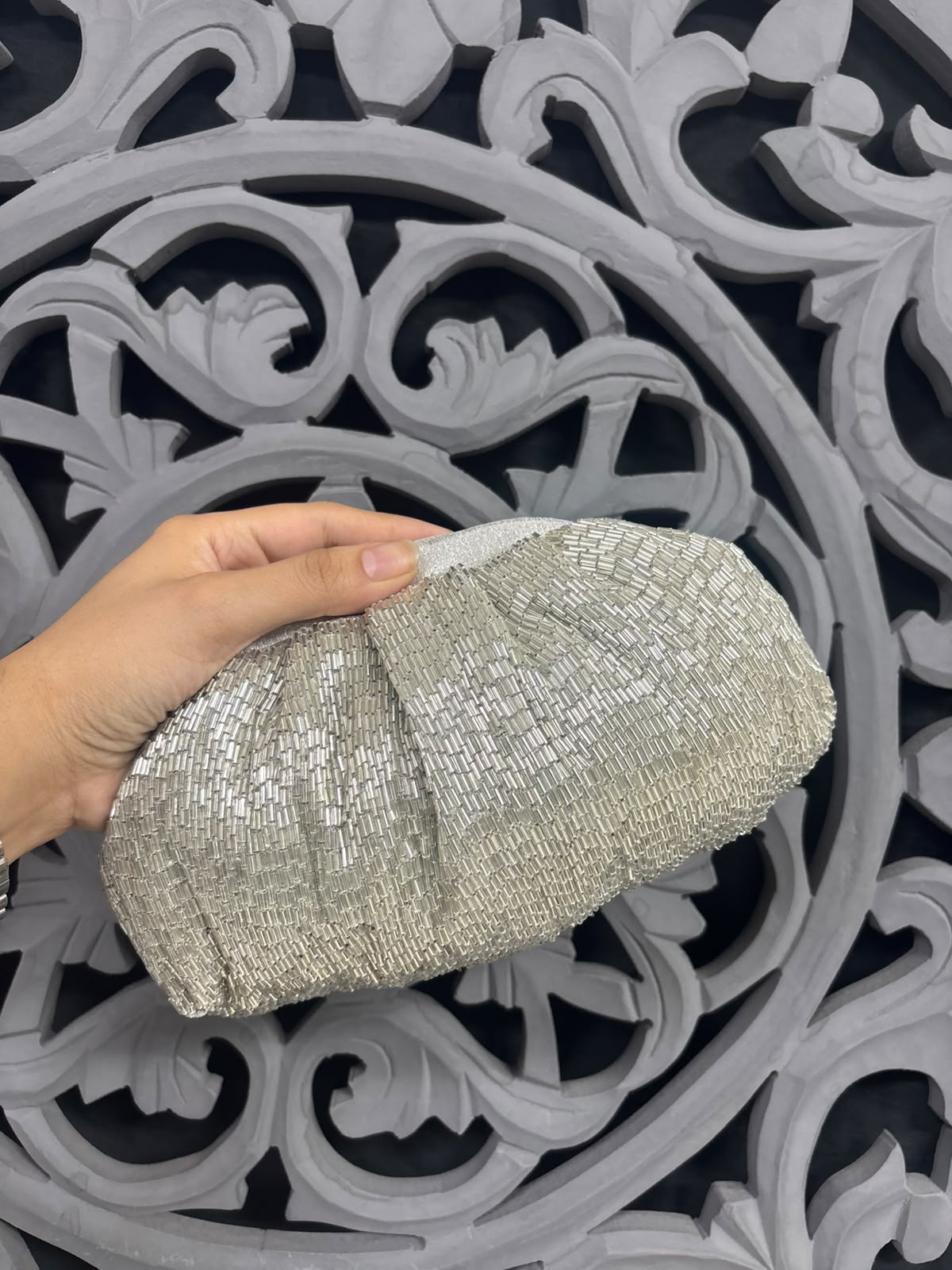 Handmade Beaded Clutch with Long Chain-silver