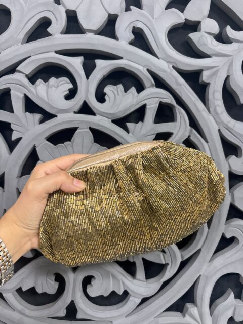 Handmade metallic beaded clutch with long chain strap