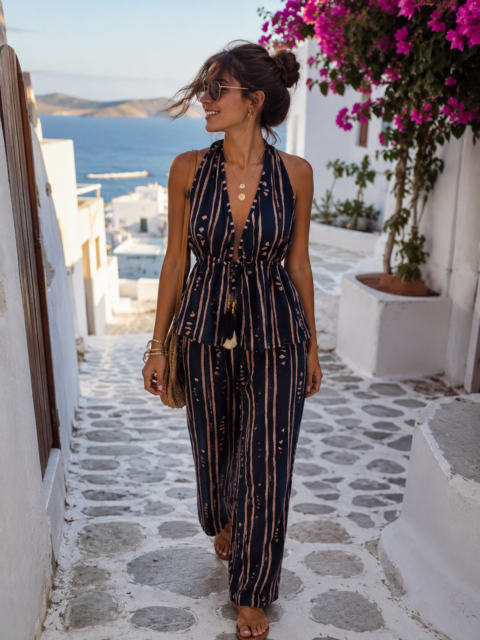 Woman wearing Blue Black Pure Cotton Set with halter top and wide-leg trousers in blue black striped print.