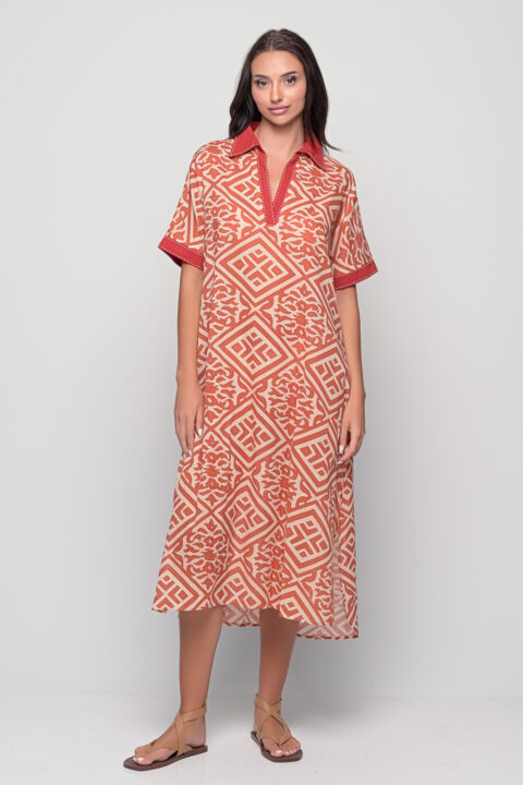 Corfu Cotton Caftan red diamond print
