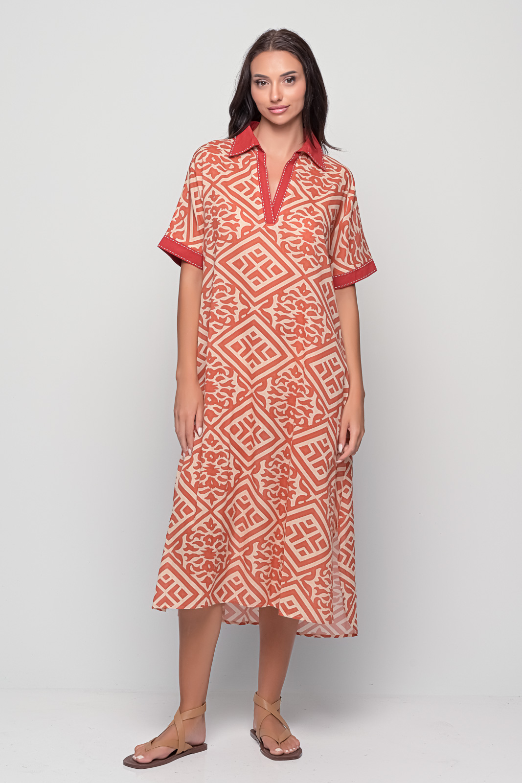 Corfu Cotton Caftan red diamond print