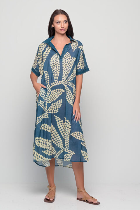 Oversized cotton caftan with handmade collar and sleeve details
